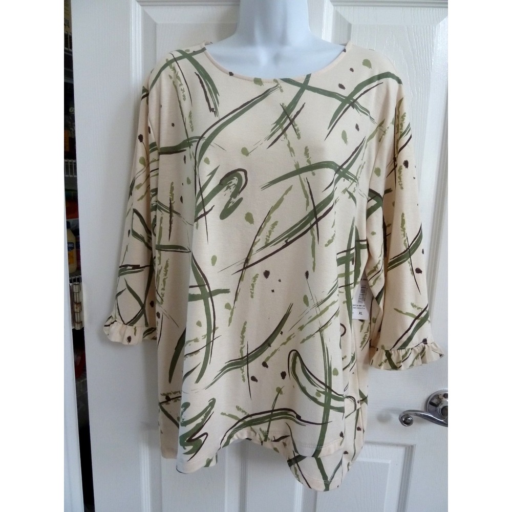 NWT Links XL Artsy Abstract Pullover Top Ruffled 3/4 Sleeves Pearl Grn Multi
